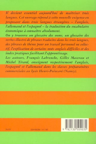Quatrième de couverture de « VOCABULAIRE ECONOMIQUE QUADRILINGUE - FRANCAIS - ANGLAIS - ALLEMAND - ESPAGNOL »