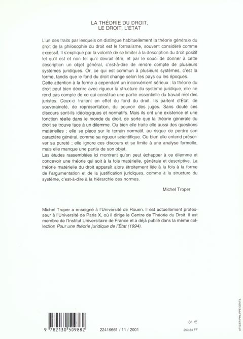 Quatrième de couverture de « LA THEORIE DU DROIT, LE DROIT, L'ETAT »