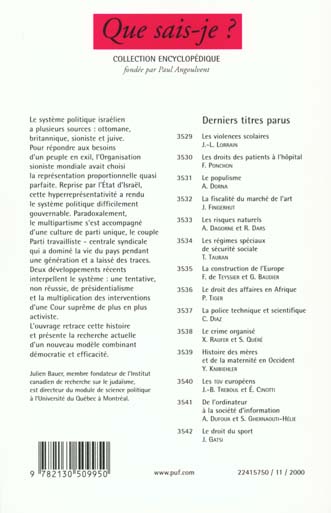 Quatrième de couverture de « LE SYSTEME POLITIQUE ISRAELIEN »