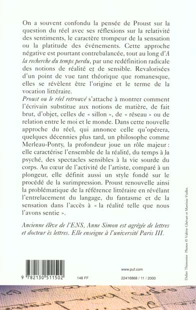 Quatrième de couverture de « PROUST OU LE REEL RETROUVE - LE SENSIBLE ET SON EXPRESSION DANS "A LA RECHERCHE DU TEMPS »