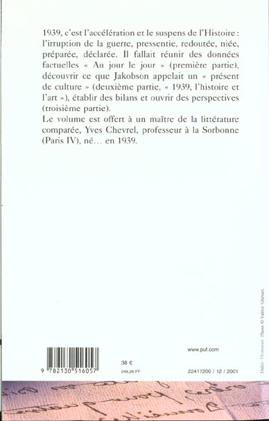 Quatrième de couverture de « MELANGES CHEVREL, 1939 DANS LES LETTRES ET LES ARTS »