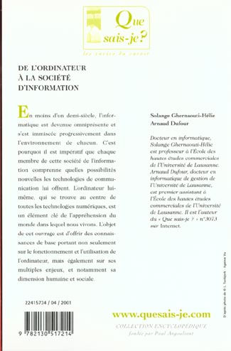 Quatrième de couverture de « DE L'ORDINATEUR A LA SOCIETE DE L'INFORMATION »