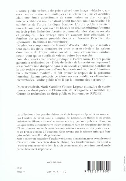 Quatrième de couverture de « L'ORDRE PUBLIC - ETUDE DE DROIT COMPARE INTERNE »