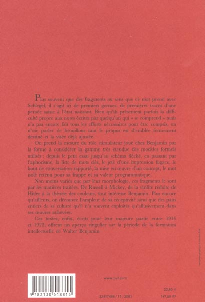 Quatrième de couverture de « FRAGMENTS PHILOSOPHIQUES, POLITIQUES, CRITIQUES, LITTERAIRES »