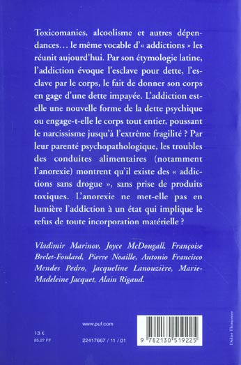 Quatrième de couverture de « ANOREXIE, ADDICTIONS ET FRAGILITES NARCISSIQUES »
