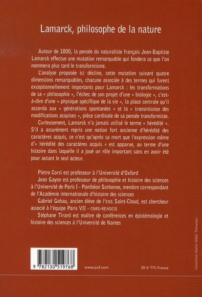 Quatrième de couverture de « LAMARCK, PHILOSOPHE DE LA NATURE »
