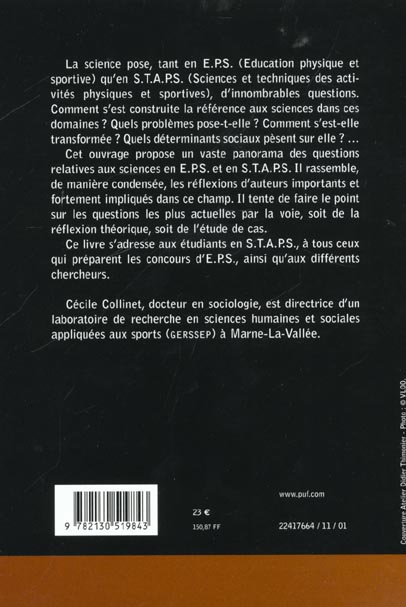 Quatrième de couverture de « EDUCATION PHYSIQUE ET SCIENCES - EPISTEMOLOGIE, HISTOIRE, SOCIOLOGIE »