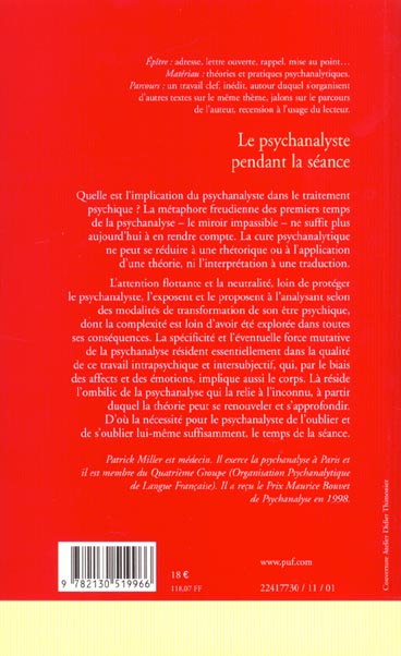 Quatrième de couverture de « LE PSYCHANALYSTE PENDANT LA SEANCE »