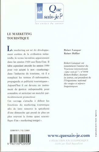 Quatrième de couverture de « LE MARKETING TOURISTIQUE »