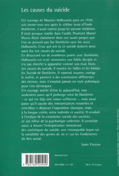 Quatrième de couverture de « LES CAUSES DU SUICIDE »