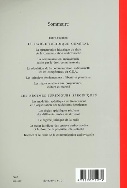 Quatrième de couverture de « DROIT DE LA COMMUNICATION AUDIOVISUELLE »