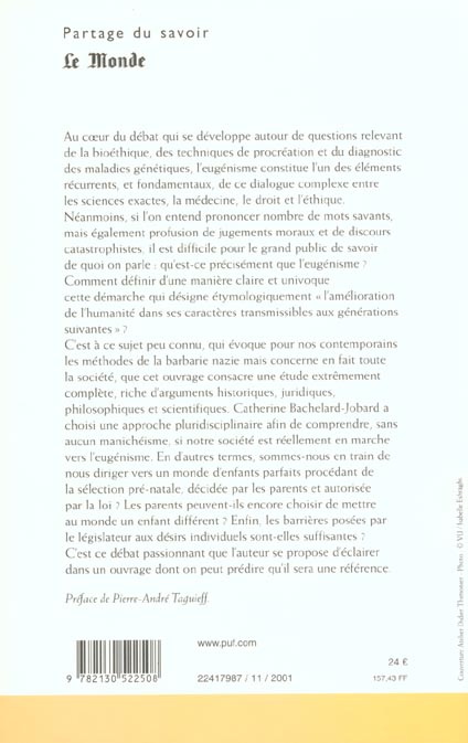Quatrième de couverture de « L'EUGENISME, LA SCIENCE ET LE DROIT »