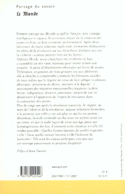 Quatrième de couverture de « LA JEUNESSE IRANIENNE : UNE GENERATION EN CRISE »