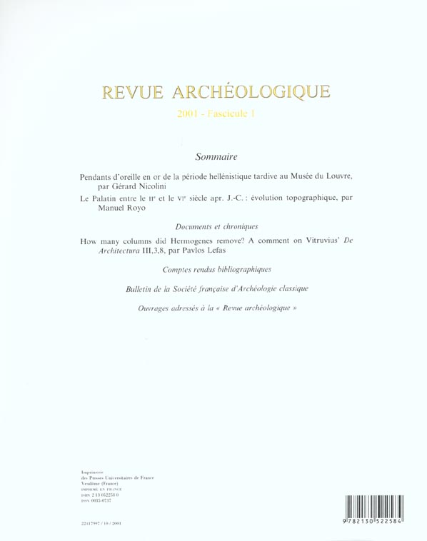 Quatrième de couverture de « REVUE ARCHEOLOGIQUE 2001, N 1 »