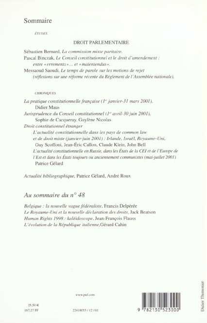 Quatrième de couverture de « RFDC 2001, N  47 - DROIT PARLEMENTAIRE »