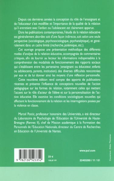 Quatrième de couverture de « LA RELATION EDUCATIVE »