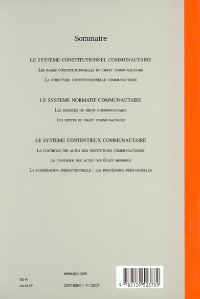 Quatrième de couverture de « LE SYSTEME JURIDIQUE COMMUNAUTAIRE »