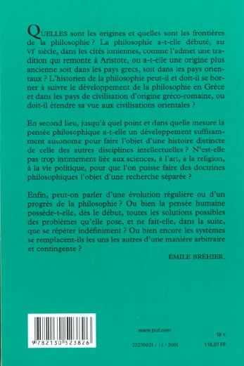 Quatrième de couverture de « HISTOIRE DE LA PHILOSOPHIE - TOME 1 »