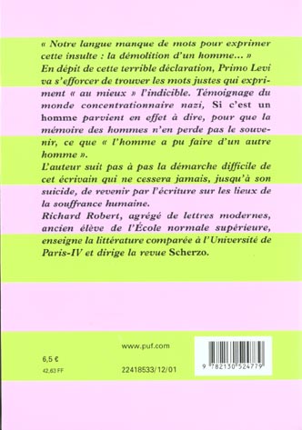 Quatrième de couverture de « PREMIERES LECONS SUR SI C'EST UN HOMME DE PRIMO LEVI »