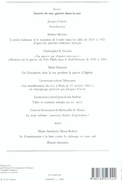 Quatrième de couverture de « GMCC 2002, N  206 - GUERRE DE RUE, GUERRE DANS LA RUE »