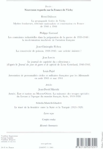 Quatrième de couverture de « GMCC 2002, N  207 - NOUVEAUX REGARDS DE LA FRANCE DE VICHY »