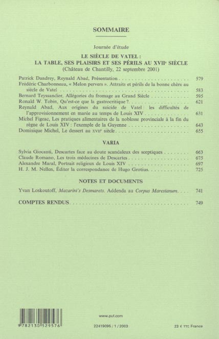 Quatrième de couverture de « XVIIE SIECLE 2002, N 217 - LE SIECLE DE VATEL »