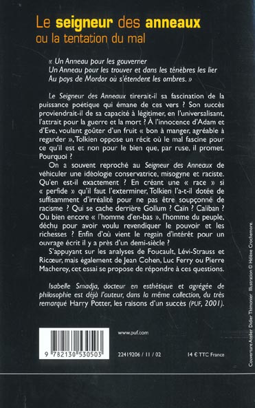 Quatrième de couverture de « LE SEIGNEUR DES ANNEAUX OU LA TENTATION DU MAL »