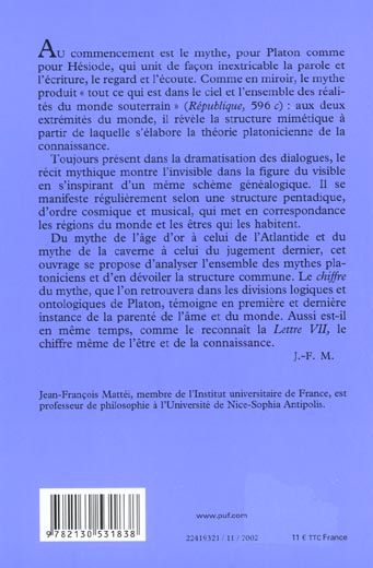 Quatrième de couverture de « PLATON ET LE MIROIR DU MYTHE »