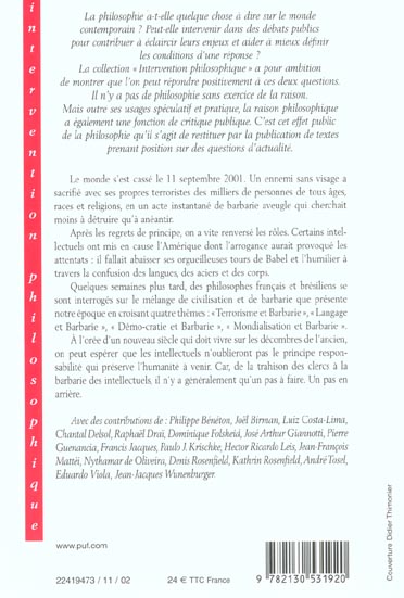Quatrième de couverture de « CIVILISATION ET BARBARIE »