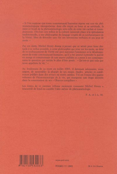 Quatrième de couverture de « DE LA PHENOMENOLOGIE - PHENOMENOLOGIE DE LA VIE. TOME I »