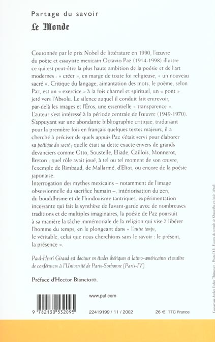 Quatrième de couverture de « OCTAVIO PAZ. VERS LA TRANSPARENCE »