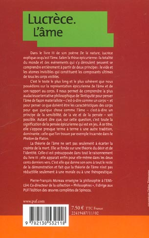 Quatrième de couverture de « LUCRECE. L'AME »