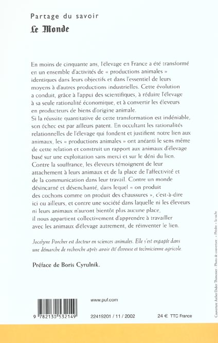 Quatrième de couverture de « ELEVEURS ET ANIMAUX, REINVENTER LE LIEN »