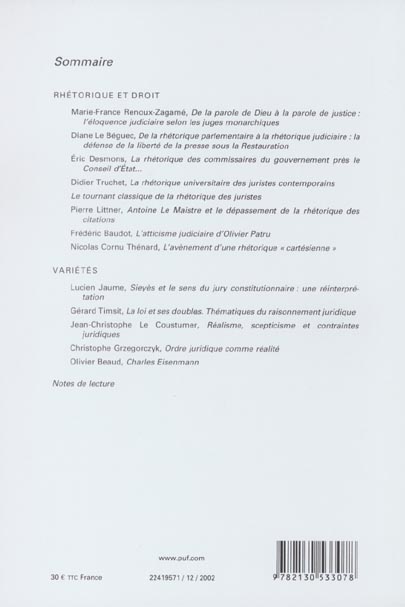 Quatrième de couverture de « DROITS 2002, N  36 - RHETORIQUE ET DROIT »