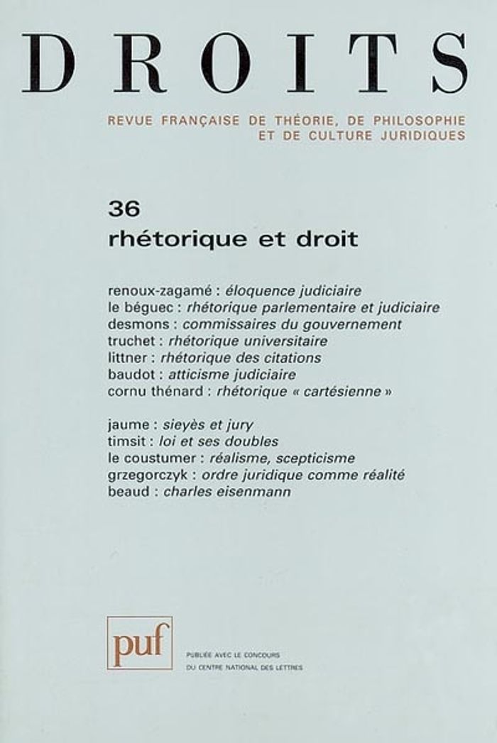 Couverture du livre « DROITS 2002, N  36 - RHETORIQUE ET DROIT » de Xxx, librairie Les Contes Infusés à Corte