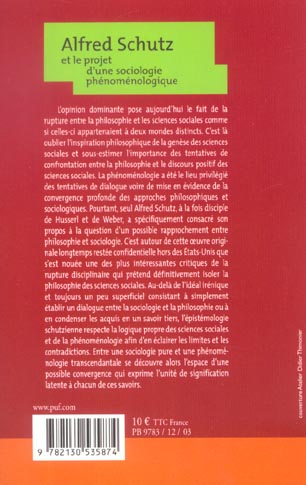Quatrième de couverture de « ALFRED SCHUTZ ET LE PROJET D'UNE SOCIOLOGIE PHENOMENOLOGIQUE »