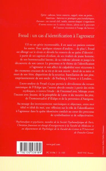 Quatrième de couverture de « FREUD, UN CAS D'IDENTIFICATION A L'AGRESSEUR »