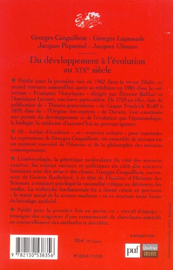 Quatrième de couverture de « DU DEVELOPPEMENT A L'EVOLUTION AU XIXE SIECLE »