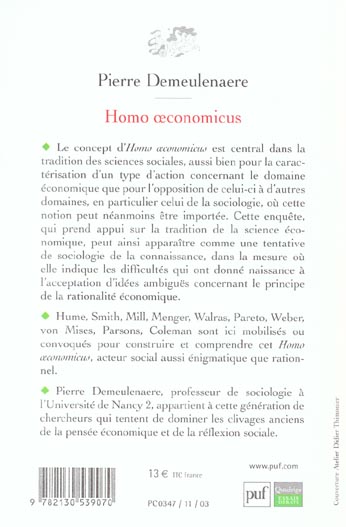 Quatrième de couverture de « HOMO OECONOMICUS - ENQUETE SUR LA CONSTITUTION D'UN PARADIGME »
