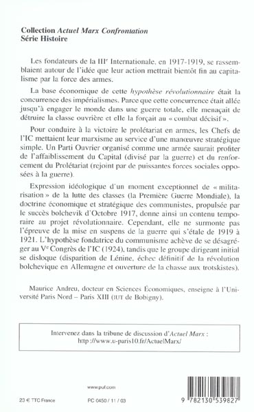 Quatrième de couverture de « L'INTERNATIONALE COMMUNISTE CONTRE LE CAPITAL, 1919-1924 - OU COMMENT EMPOIGNER L'ADVERSAIRE CAPITAL »