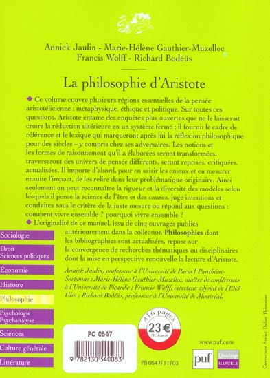 Quatrième de couverture de « LA PHILOSOPHIE D'ARISTOTE »