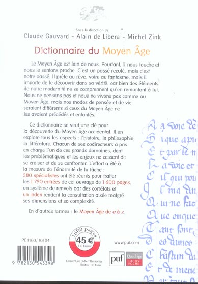 Quatrième de couverture de « DICTIONNAIRE DU MOYEN AGE »