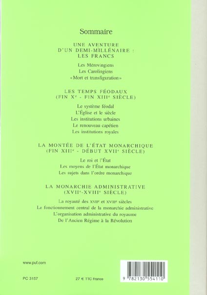Quatrième de couverture de « HISTOIRE DES INSTITUTIONS, DE L'EPOQUE FRANQUE A LA REVOLUTION »