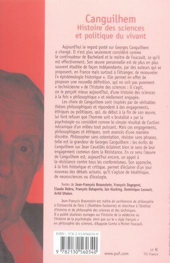 Quatrième de couverture de « CANGUILHEM. HISTOIRE DES SCIENCES ET POLITIQUE DU VIVANT »