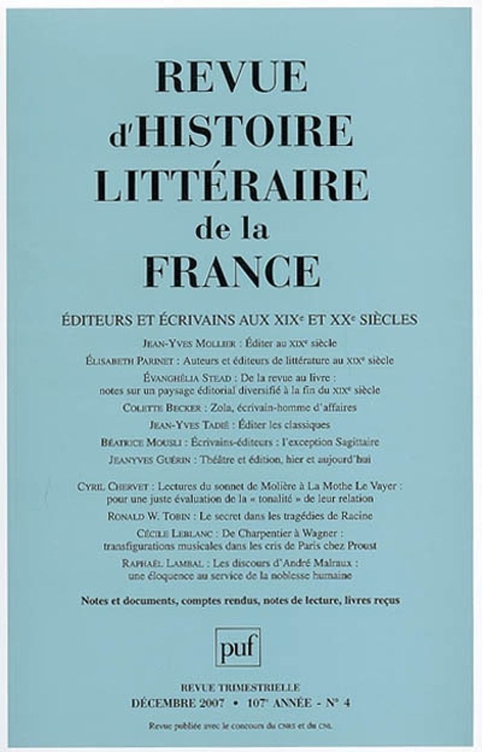 Couverture du livre « REVUE D'HISTOIRE LITTERAIRE DE LA FRANCE 2007 - N 4 » de Xxx, librairie Les Contes Infusés à Corte