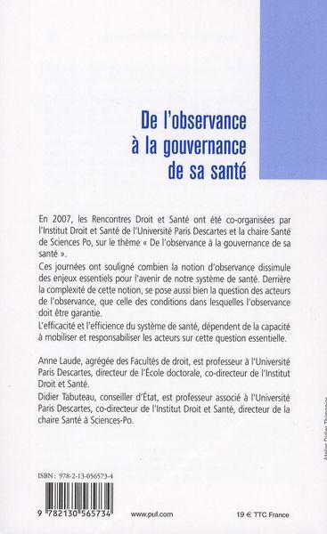 Quatrième de couverture de « DE L'OBSERVANCE A LA GOUVERNANCE DE SA SANTE »