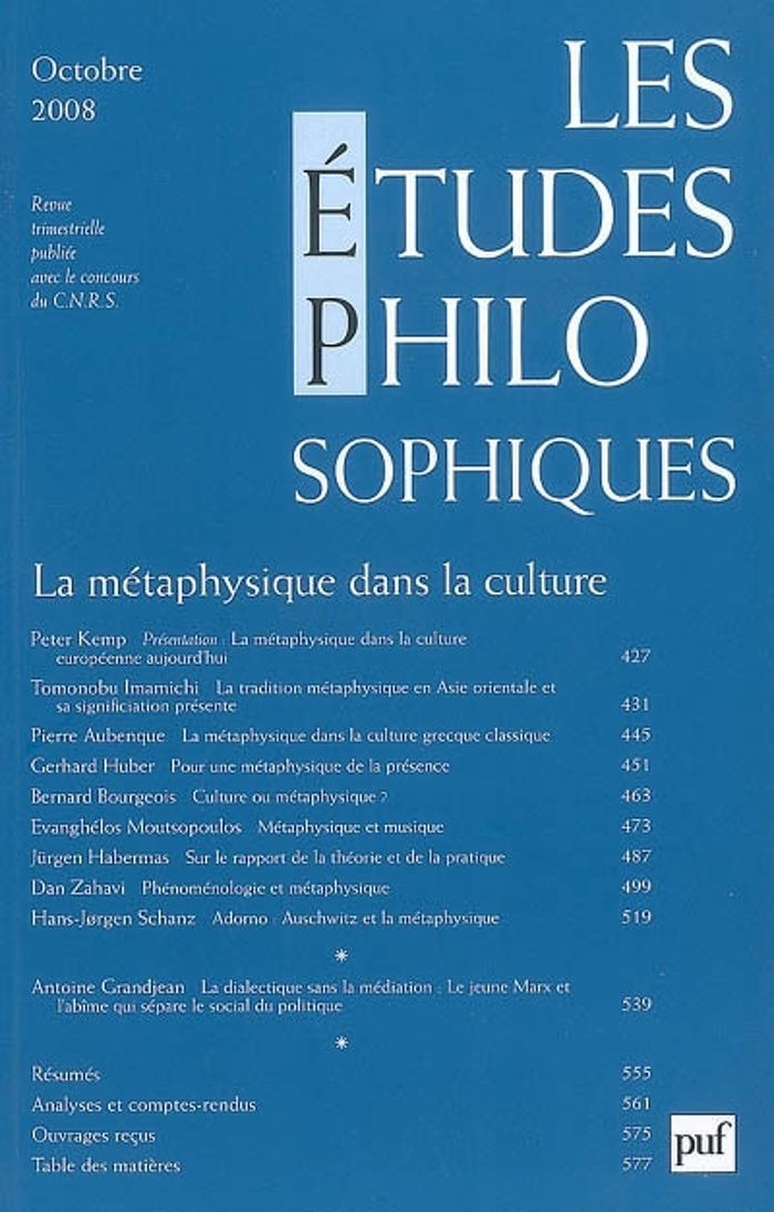 Couverture du livre « ETUDES PHILOSOPHIQUES 2008, N  4 - LA METAPHYSIQUE DANS LA CULTURE » de Xxx, librairie Les Contes Infusés à Corte