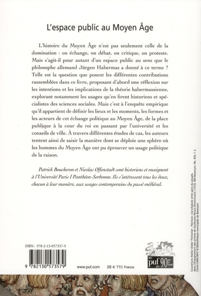 Quatrième de couverture de « L'espace public au Moyen âge : débats autour de Jürgen Habermas »