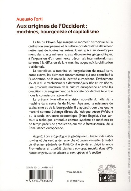 Quatrième de couverture de « AUX ORIGINES DE L'OCCIDENT : MACHINES, BOURGEOISIE ET CAPITALISME »