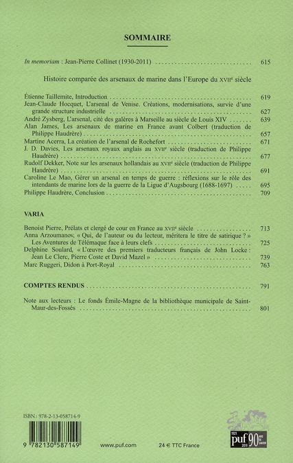 Quatrième de couverture de « XVIIE SIECLE 2011, N 253 - HISTOIRE COMPAREE DES ARSENAUX DE MARINE DANS L'EUROPE DU XVIIE SIECLE »